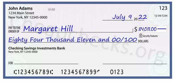 Eighty Four Thousand Eleven and 00/100 filled out on a check