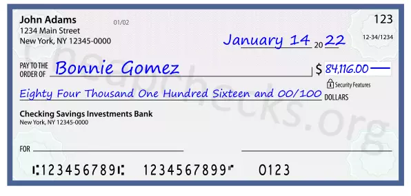 Eighty Four Thousand One Hundred Sixteen and 00/100 filled out on a check