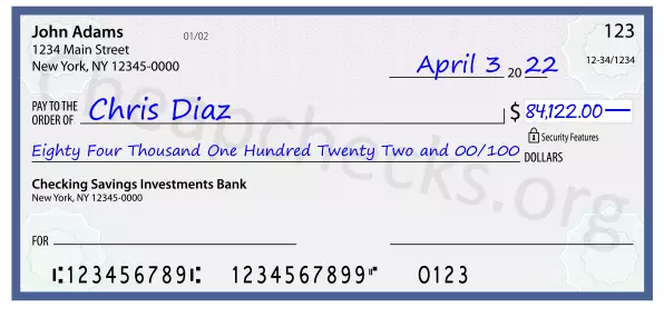 Eighty Four Thousand One Hundred Twenty Two and 00/100 filled out on a check