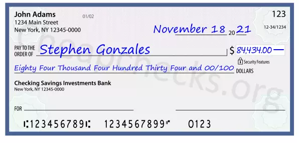 Eighty Four Thousand Four Hundred Thirty Four and 00/100 filled out on a check