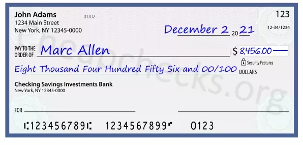 Eight Thousand Four Hundred Fifty Six and 00/100 filled out on a check