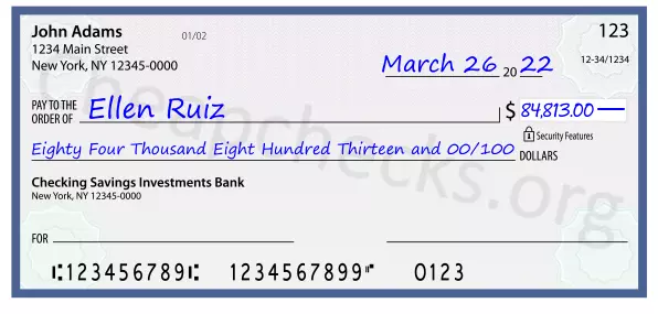 Eighty Four Thousand Eight Hundred Thirteen and 00/100 filled out on a check