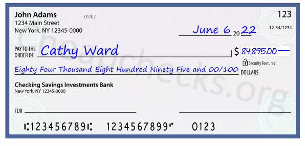 Eighty Four Thousand Eight Hundred Ninety Five and 00/100 filled out on a check