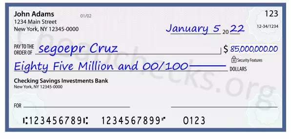 Eighty Five Million and 00/100 filled out on a check