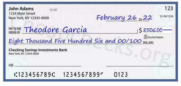 Eight Thousand Five Hundred Six and 00/100 filled out on a check