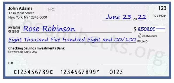 Eight Thousand Five Hundred Eight and 00/100 filled out on a check