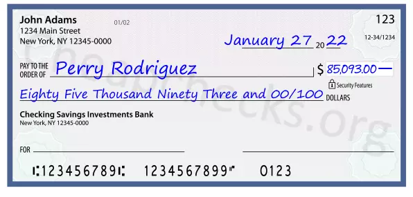 Eighty Five Thousand Ninety Three and 00/100 filled out on a check