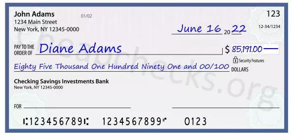 Eighty Five Thousand One Hundred Ninety One and 00/100 filled out on a check