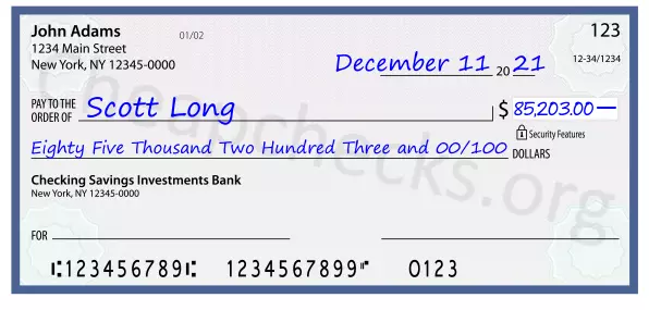 Eighty Five Thousand Two Hundred Three and 00/100 filled out on a check