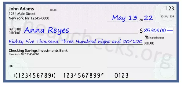 Eighty Five Thousand Three Hundred Eight and 00/100 filled out on a check