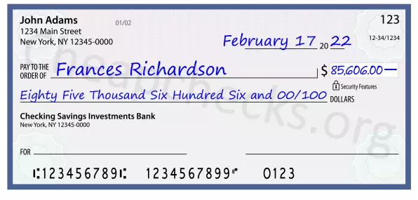 Eighty Five Thousand Six Hundred Six and 00/100 filled out on a check