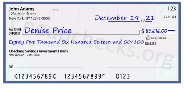 Eighty Five Thousand Six Hundred Sixteen and 00/100 filled out on a check