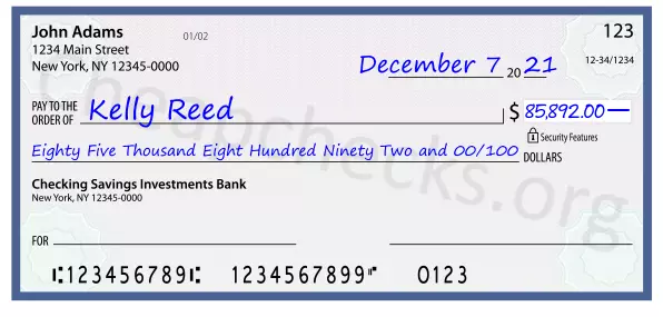 Eighty Five Thousand Eight Hundred Ninety Two and 00/100 filled out on a check