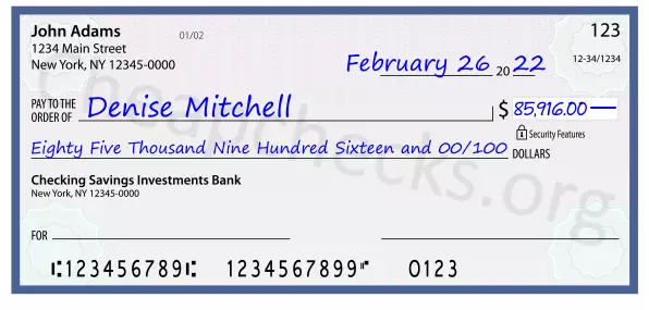 Eighty Five Thousand Nine Hundred Sixteen and 00/100 filled out on a check