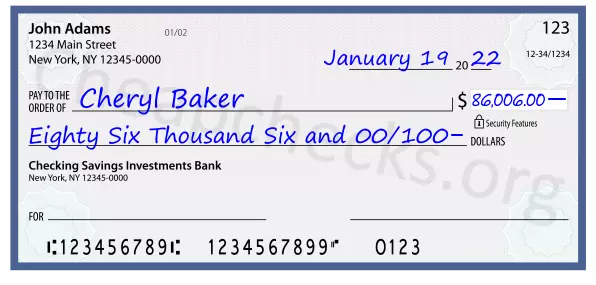 Eighty Six Thousand Six and 00/100 filled out on a check