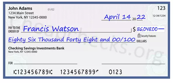 Eighty Six Thousand Forty Eight and 00/100 filled out on a check