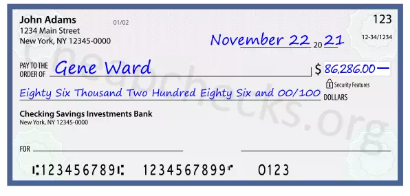 Eighty Six Thousand Two Hundred Eighty Six and 00/100 filled out on a check