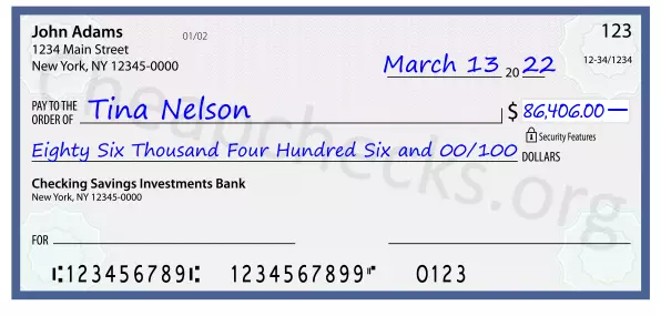 Eighty Six Thousand Four Hundred Six and 00/100 filled out on a check