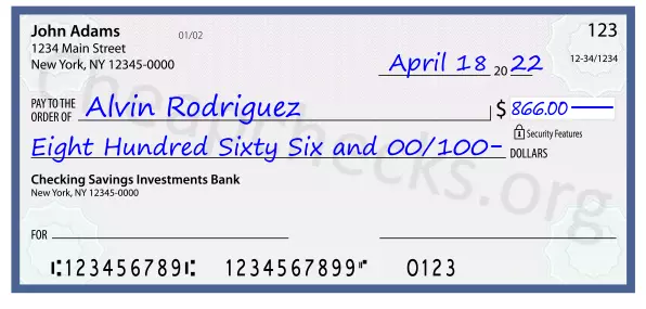 Eight Hundred Sixty Six and 00/100 filled out on a check