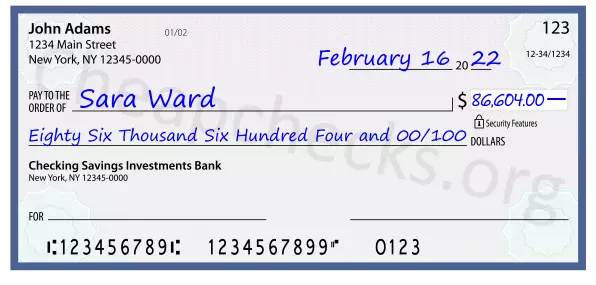 Eighty Six Thousand Six Hundred Four and 00/100 filled out on a check