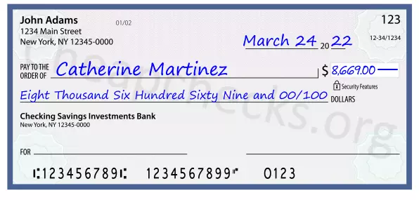 Eight Thousand Six Hundred Sixty Nine and 00/100 filled out on a check