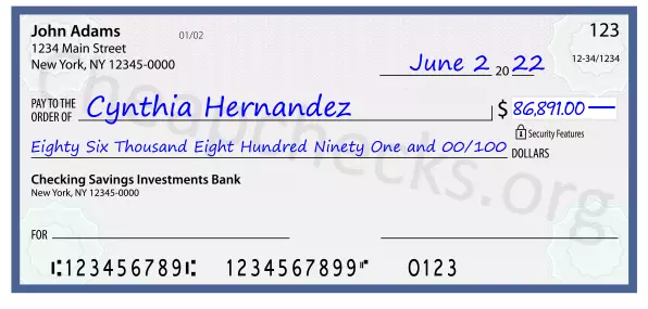 Eighty Six Thousand Eight Hundred Ninety One and 00/100 filled out on a check