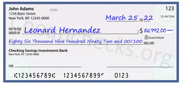 Eighty Six Thousand Nine Hundred Ninety Two and 00/100 filled out on a check