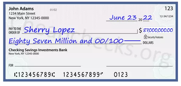 Eighty Seven Million and 00/100 filled out on a check