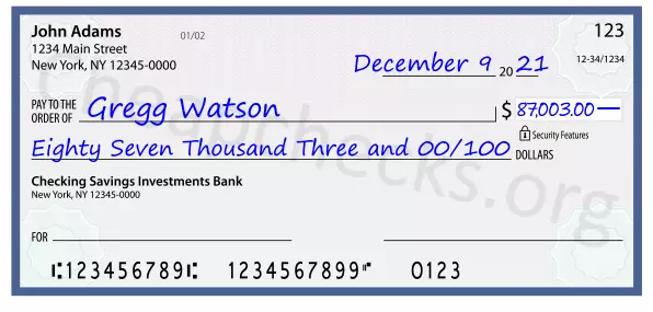 Eighty Seven Thousand Three and 00/100 filled out on a check