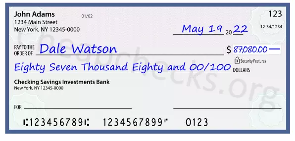 Eighty Seven Thousand Eighty and 00/100 filled out on a check