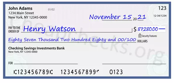 Eighty Seven Thousand Two Hundred Eighty and 00/100 filled out on a check