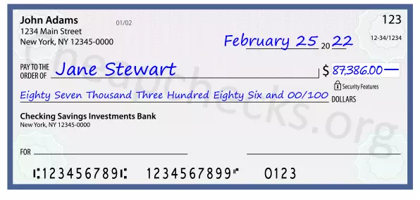 Eighty Seven Thousand Three Hundred Eighty Six and 00/100 filled out on a check