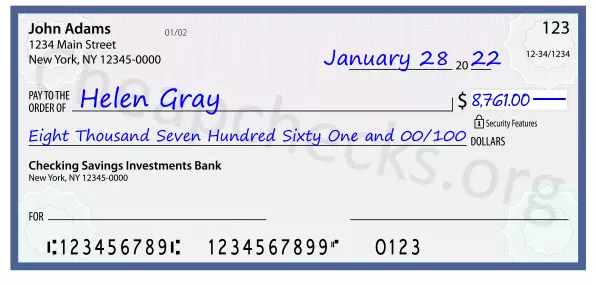 Eight Thousand Seven Hundred Sixty One and 00/100 filled out on a check