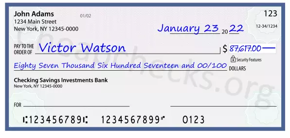 Eighty Seven Thousand Six Hundred Seventeen and 00/100 filled out on a check