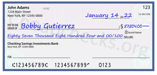 Eighty Seven Thousand Eight Hundred Four and 00/100 filled out on a check