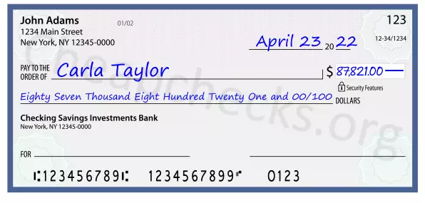 Eighty Seven Thousand Eight Hundred Twenty One and 00/100 filled out on a check