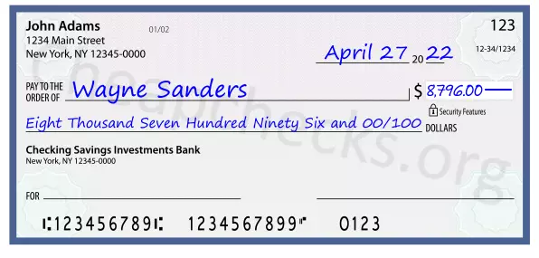 Eight Thousand Seven Hundred Ninety Six and 00/100 filled out on a check