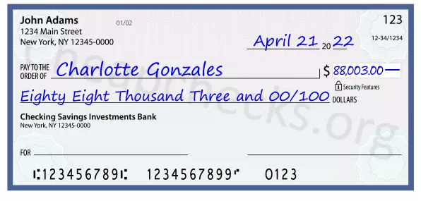 Eighty Eight Thousand Three and 00/100 filled out on a check