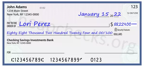 Eighty Eight Thousand Two Hundred Twenty Four and 00/100 filled out on a check