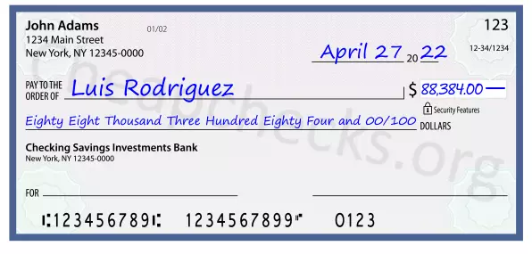 Eighty Eight Thousand Three Hundred Eighty Four and 00/100 filled out on a check