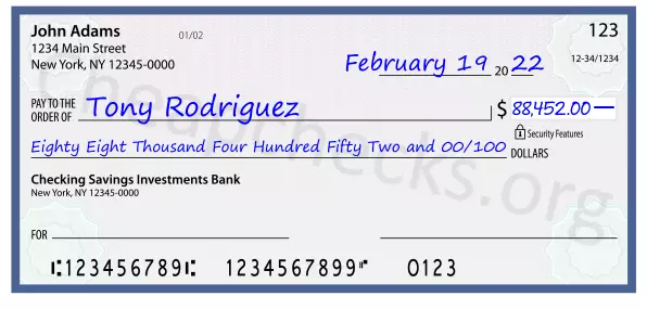 Eighty Eight Thousand Four Hundred Fifty Two and 00/100 filled out on a check