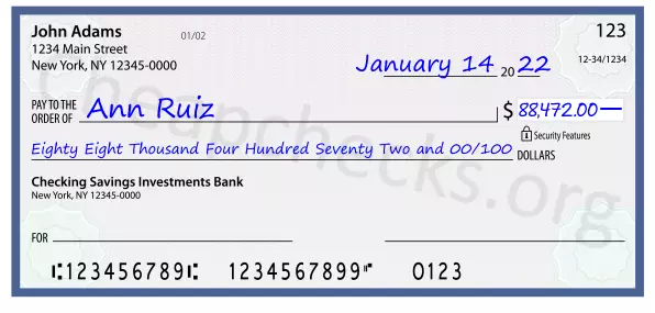 Eighty Eight Thousand Four Hundred Seventy Two and 00/100 filled out on a check