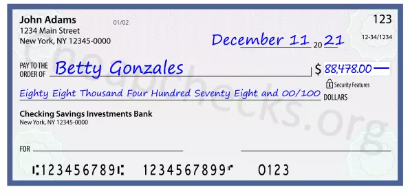 Eighty Eight Thousand Four Hundred Seventy Eight and 00/100 filled out on a check