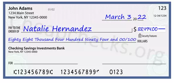 Eighty Eight Thousand Four Hundred Ninety Four and 00/100 filled out on a check