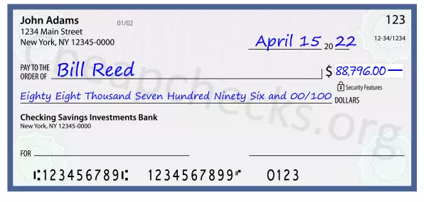 Eighty Eight Thousand Seven Hundred Ninety Six and 00/100 filled out on a check