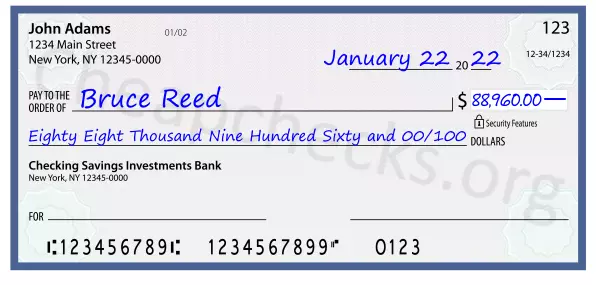 Eighty Eight Thousand Nine Hundred Sixty and 00/100 filled out on a check