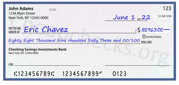 Eighty Eight Thousand Nine Hundred Sixty Three and 00/100 filled out on a check