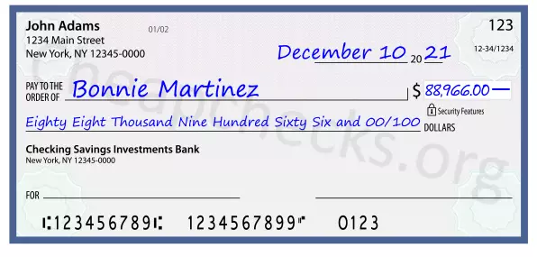 Eighty Eight Thousand Nine Hundred Sixty Six and 00/100 filled out on a check