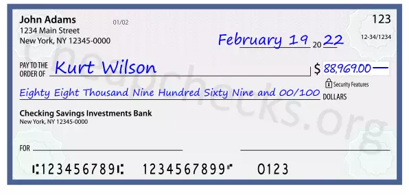 Eighty Eight Thousand Nine Hundred Sixty Nine and 00/100 filled out on a check