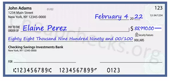 Eighty Eight Thousand Nine Hundred Ninety and 00/100 filled out on a check